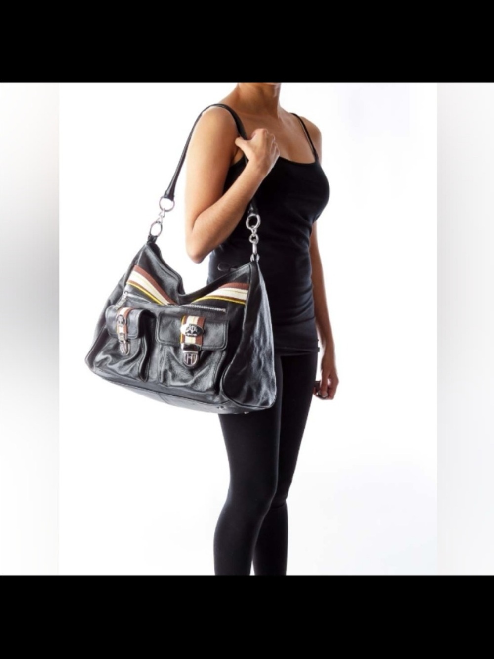 Black Leather Shoulder Bag with Stripe Accent